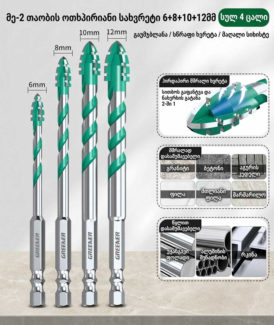 პროფესიონალური მე-2 თაობის 4-პირიანი დაკბილული საბურღების 4 ცალიანი კომპლექტი უნივერსალური სამუშაოებისთვის